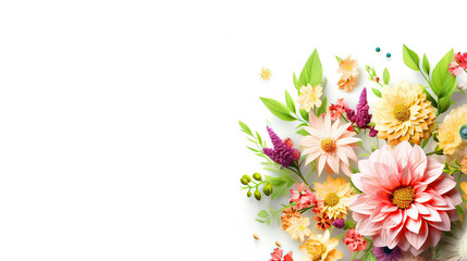 Flowers and leaves of various colors on white background botanical floral decoration background