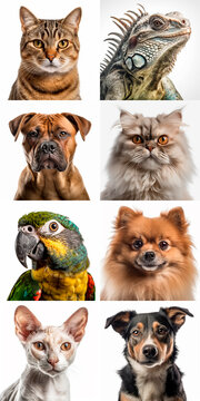 Image of various animals on white background looking at the camera. Generative AI image