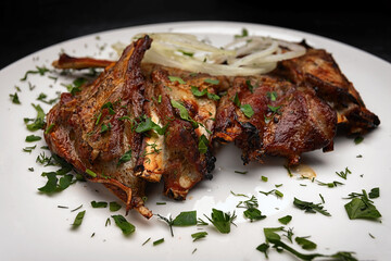 Mouth-Watering Pork Ribs with Onion Rings and Parsley Garnish