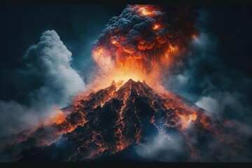 volcanic eruption with smoke and steam rising into the sky. Generative AI