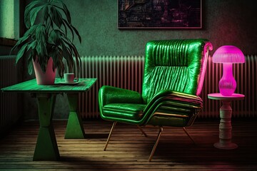 minimalist room with a green chair and a pink lamp as the only accents. Generative AI