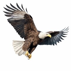 Naklejka premium Majestic American Eagle Soaring through White Skies, Generative AI