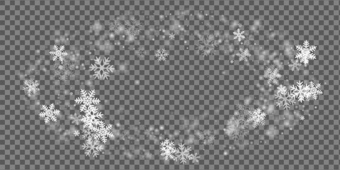 Fototapeta na wymiar Magic flying snowflakes illustration. Snowfall speck freeze shapes. Snowfall weather white transparent wallpaper. Soft snowflakes january theme. Snow cold season scenery.