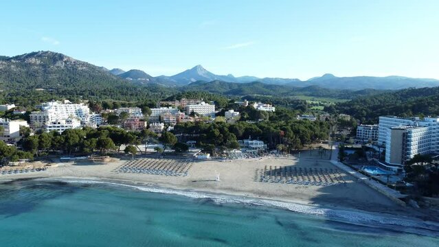 Gran Tora beach in Paguera, Majorca, aerial view. Famous travel destination for summer holidays