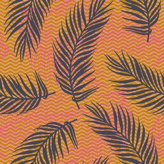 Naklejka na ściany i meble Seamless jungle palm leaves vector pattern. Floral design over waves texture