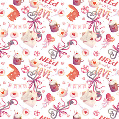 romantic decorative stylized seamless pattern with candy, kettle, cat, about love on a white background