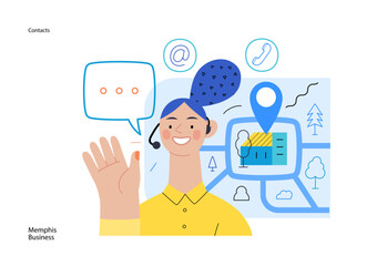 Memphis business illustration. Contacts -modern flat vector concept illustration of a female call center operator, tablet screen, map, location bubble, email, phone. Commerce business sales metaphor.