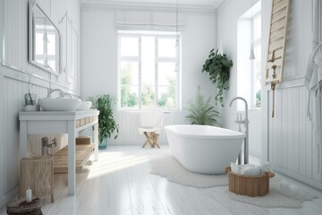 Fototapeta na wymiar A bright Coastal Bathroom with white Wood textures complemented by a Floor-Mounted tub in the center of the scene, generative ai