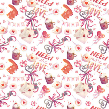 romantic decorative stylized seamless pattern with candy, kettle, cat, about love on a white background