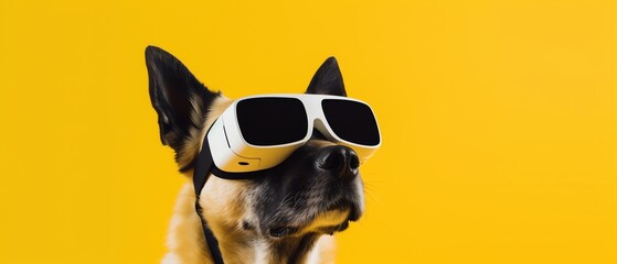 portrait of a dog in VR glasses on yellow background wit empty space banner - obrazy, fototapety, plakaty
