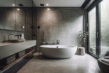 Fototapeta na wymiar A luxurious Minimalist Bathroom with a Polished Concrete bathtub and Chrome accents, generative ai