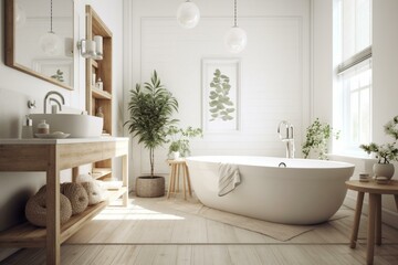 Obraz na płótnie Canvas A bright Coastal Bathroom with white Wood textures complemented by a Floor-Mounted tub in the center of the scene, generative ai