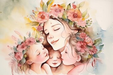 happy mother with children