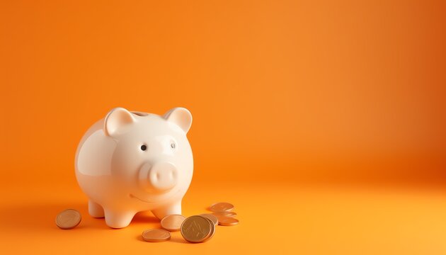 piggy bank with coins, orange background
