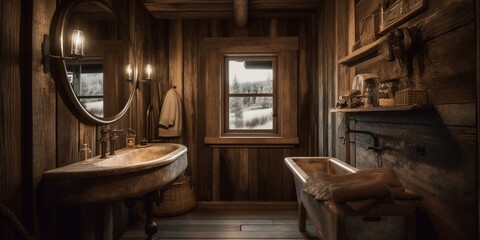 Fototapeta na wymiar A cozy Rustic Bathroom with wooden walls, a stone sink, and a vintage mirror, generative ai