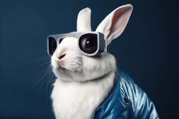 Obraz premium white rabbit wearing sunglasses and blue jacket