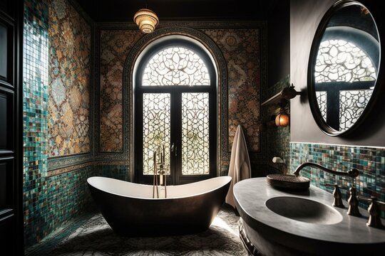 A luminous Moroccan Bathroom featuring a dazzling mosaic mural on the wall, generative ai