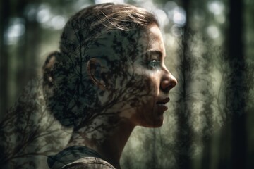 multiple exposure woman's face in profile and forest