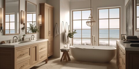 Fototapeta na wymiar A calming Nautical Bathroom with light wood textures, featuring a rope-trimmed vanity and delicate seashell accents, generative ai