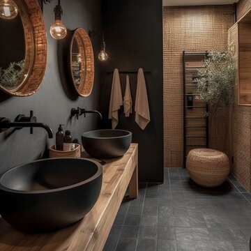 A chic modern rustic bathroom with matte black fixtures, terracotta tiles, and woven wicker baskets serving as functional decor elements, generative ai