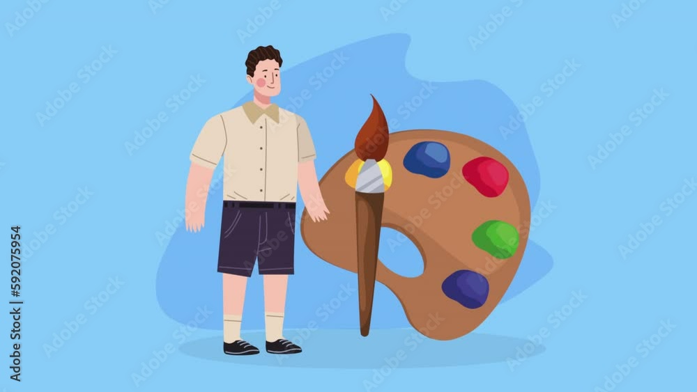 Poster student boy with paint palette animation