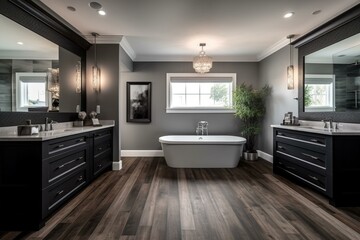 Obraz na płótnie Canvas A contemporary Eclectic Bathroom featuring brushed nickel fixtures and dark stained wood flooring, generative ai