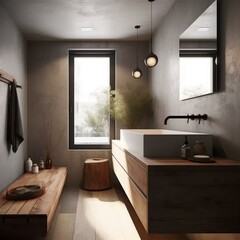 Fototapeta na wymiar A cozy Minimalist Bathroom with Concrete countertops and Rusty Metal cabinet pulls, generative ai