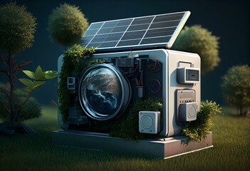 concept of electricity from solar panels. Appliances. 3d illustration. Generative AI - obrazy, fototapety, plakaty
