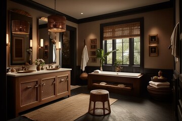 Fototapeta premium A luxurious Colonial bathroom with elegant fixtures, dark wood finishes, and woven wicker accents, generative ai