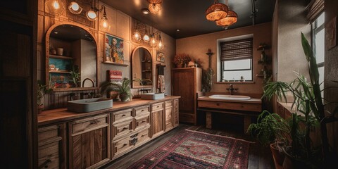 A bold Southwestern bathroom with a textured leather backsplash, reclaimed wood vanity, and vintage-style Edison bulb sconces, generative ai