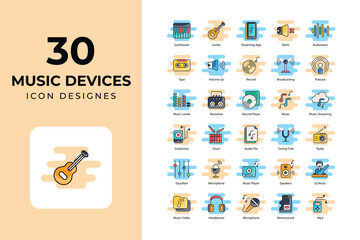 Music Devices icons Collection. 	acoustic, audio, disk, dj, drum, drumsticks, earbuds, equalizer, equipment, guitar, headphones, icon, instruments, keyboards, loudspeaker, microphone, mixer, icons.