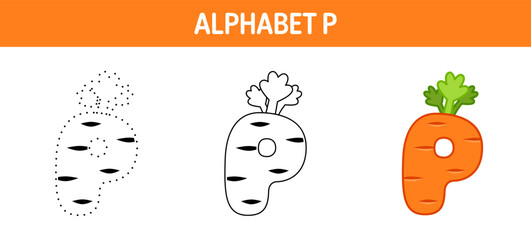 Alphabet P tracing and coloring worksheet for kids