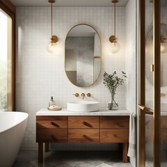 A classic Mid-Century Modern Bathroom with a brass faucet and frosted glass accents, generative ai