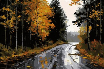 Naklejka na ściany i meble rainy forest road painting with trees and foliage. Generative AI