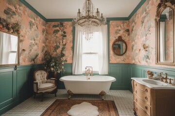 A feminine and charming vintage bathroom with a vibrant floral wallpaper, wooden wainscoting, antique fixtures and a vintage-inspired chandelier adding a touch of glamour, generative ai