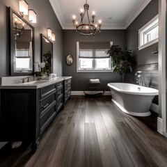 Fototapeta na wymiar A contemporary Eclectic Bathroom featuring brushed nickel fixtures and dark stained wood flooring, generative ai
