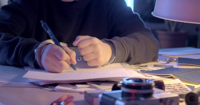 Teenager's hands write text on paper at the table. He uses a pen in handwriting. Items on the table in bokeh. Document handcuffs.