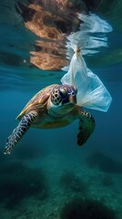 Fototapeta premium Sea Turtle stuck in plastic bag while swimming underwater in the ocean. Trash in the water. Planetary pollution. Generative AI.