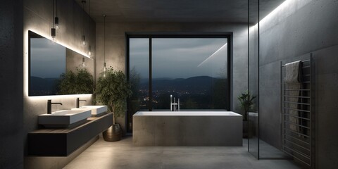 Fototapeta na wymiar A contemporary minimalist Bathroom with industrial Concrete walls and Metallic lighting, generative ai