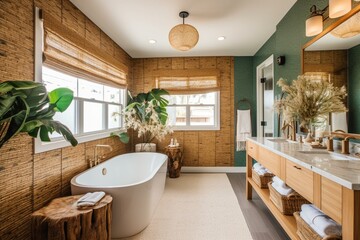 Obraz na płótnie Canvas A breezy Coastal Bathroom with a stunning sea grass wall covering and sleek rattan decor, generative ai