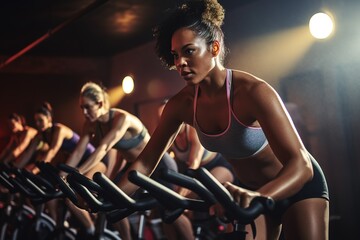 A motivational, group fitness class , featuring participants engaged in an energetic workout, such as spinning, aerobics, set against a vibrant, gym studio background. Generative AI