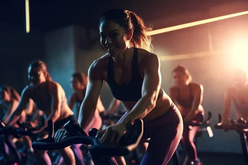Fototapeten A motivational, group fitness class , featuring participants engaged in an energetic workout, such as spinning, aerobics, set against a vibrant, gym studio background. Generative AI © bluebeat76