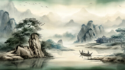 Fototapeta premium Asiatische Landschaft mit Schiff und Bergen Aquarell Background (Generative AI) Digital Art Kunst Cover Tapete Wandbild Hintergrund