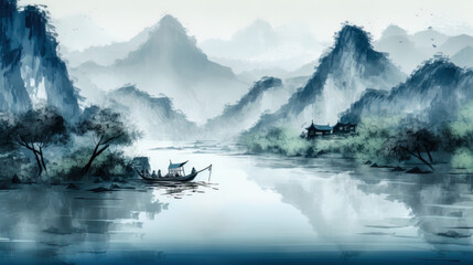 Asiatische Landschaft mit Schiff und Bergen Aquarell Background (Generative AI) Digital Art Kunst Cover Tapete Wandbild Hintergrund