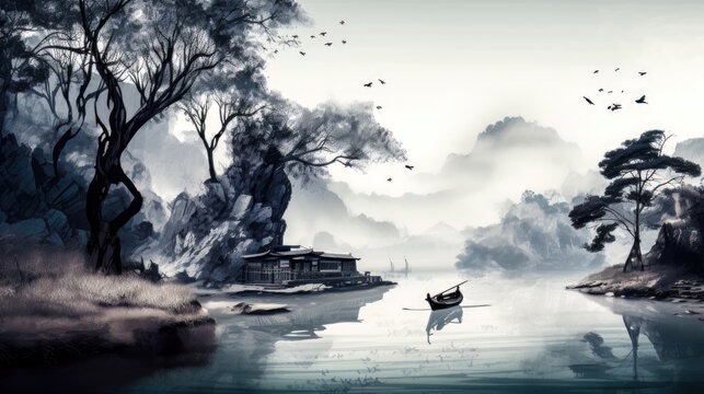 Asiatische Landschaft mit Schiff und Bergen Aquarell Background (Generative AI) Digital Art Kunst Cover Tapete Wandbild Hintergrund