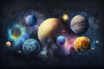 Obraz na płótnie Canvas solar system with planets and stars in the background. Generative AI