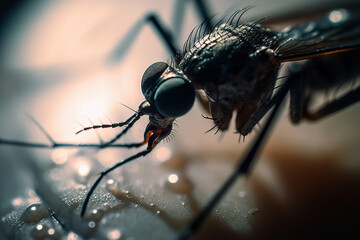 Bloodsucker in action: Aedes Albopictus mosquito feeding on a leaf in close-up