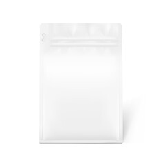 Realistic food bag with zip lock mockup isolated on white background. Front  view. Suite for the presentation of coffee, food, for pets, household, etc. EPS10.