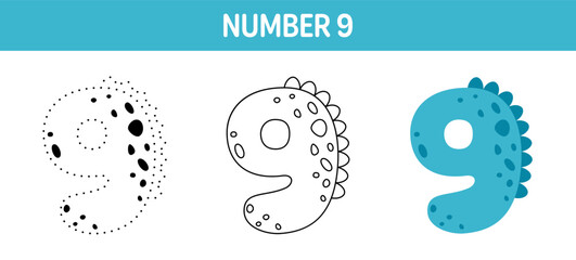 Number 9 tracing and coloring worksheet for kids