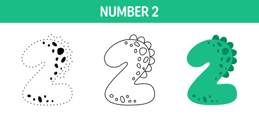 Number 2 tracing and coloring worksheet for kids